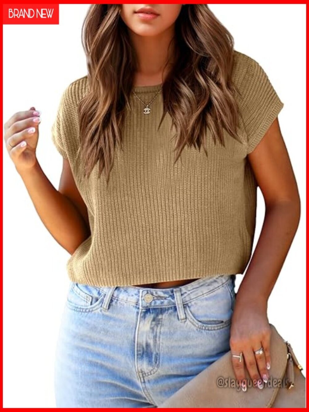 Cropped Knit Sweater Vest Cap Sleeve Crew Neck Loose Fit Summer Top